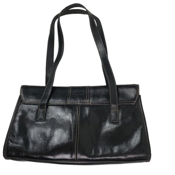 Bass Handbag Purse Black Leather Compartments Magnetic Closure Double Handles - Picture 2 of 7